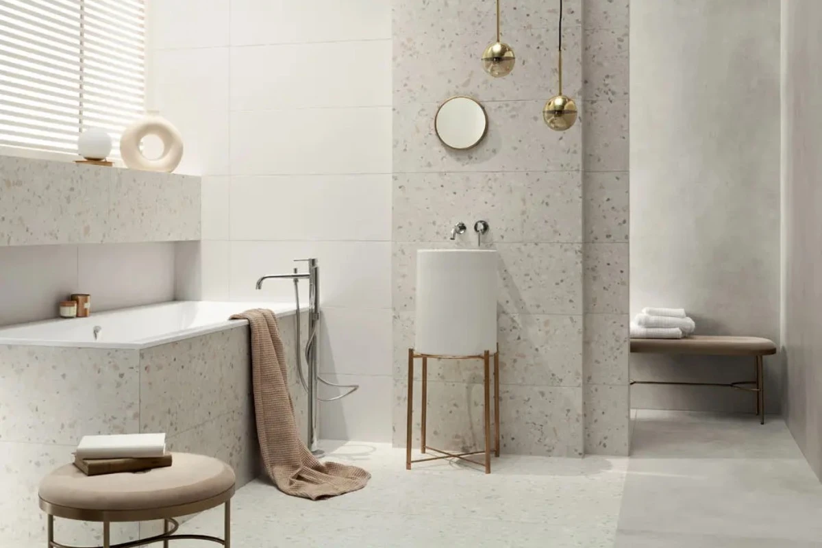 Tubądzin Macchia – eleganckie płytki lastryko w odcieniach beżu