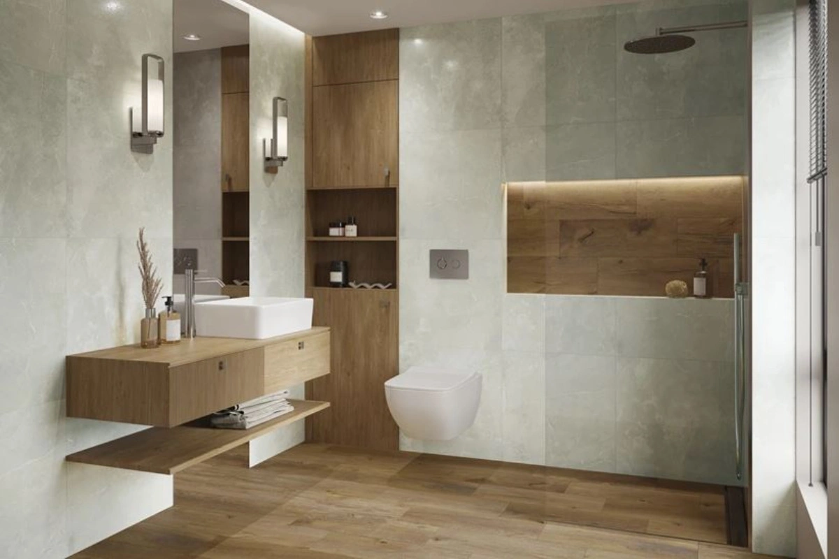 Paradyż Fillstone Grey & Flywood Honey – naturalna harmonia kamienia i drewna