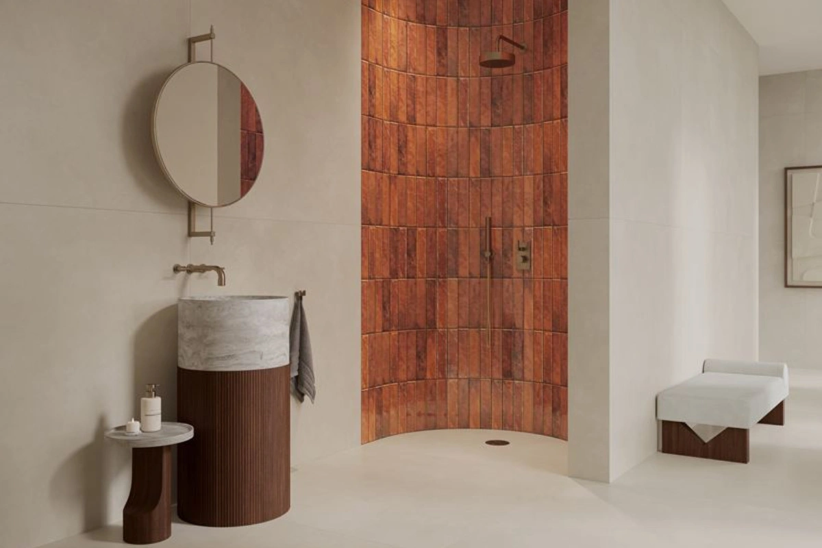 Paradyż Monpelli Wine Mix – nowoczesna łazienka z akcentem cegiełki
