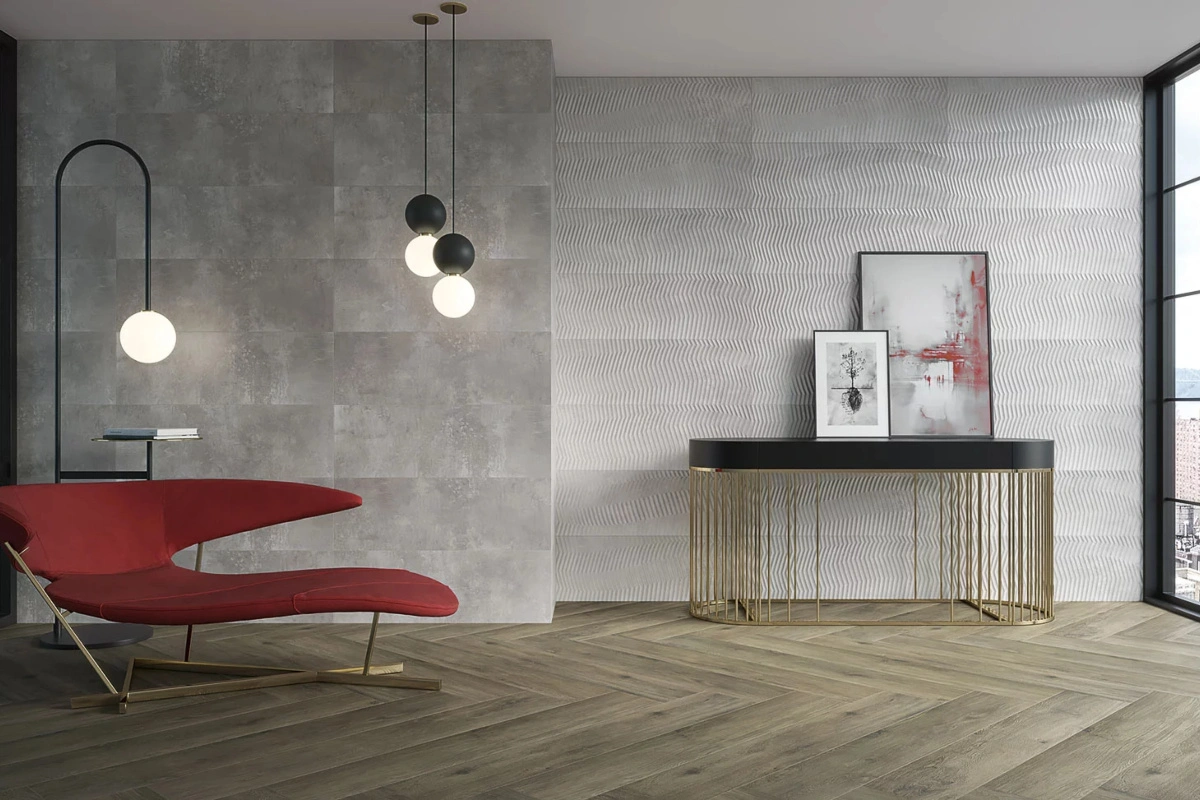 Paradyż Industrial Chic – szary salon w betonowym stylu z artystycznym wykończeniem