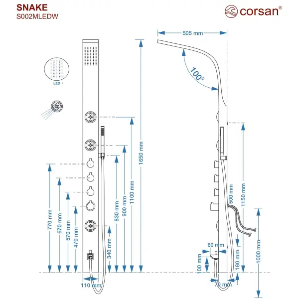 Panel prysznicowy Corsan SNAKE Mieszacz Czarna stal Deszczownica LED Wylewka