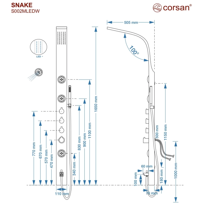 Panel prysznicowy Corsan SNAKE Mieszacz Czarna stal Deszczownica LED Wylewka