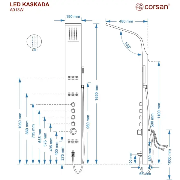 Panel prysznicowy Corsan LED KASKADA Termostat Srebrny Deszczownica LED Wylewka