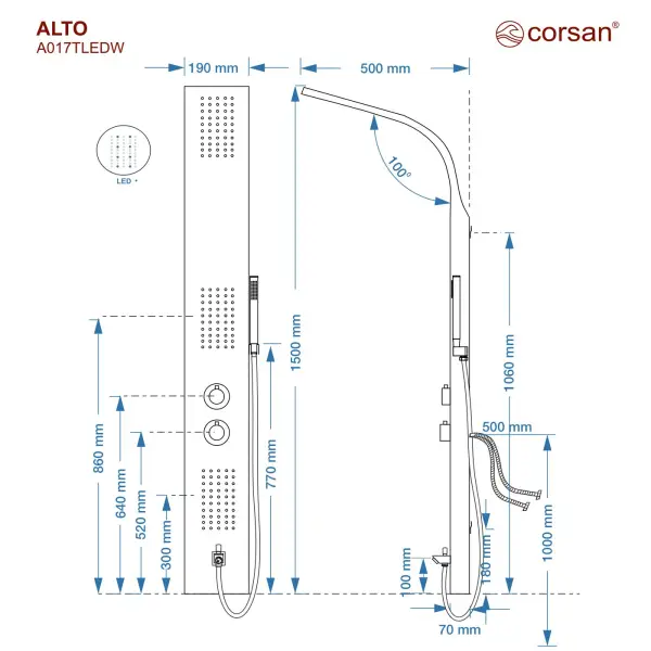 Panel prysznicowy Corsan ALTO Termostat Biały Deszczownica LED Wylewka