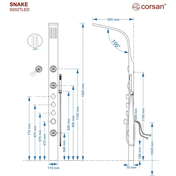 Panel prysznicowy Corsan SNAKE Termostat Stal Deszczownica LED