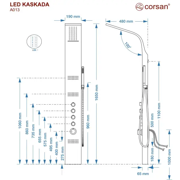 Panel prysznicowy Corsan LED KASKADA Mieszacz Biel Deszczownica LED