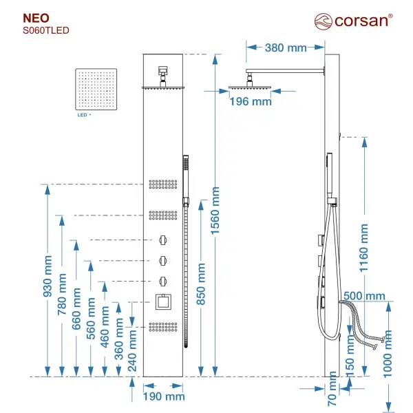 Panel prysznicowy Corsan NEO Termostat Czarna stal Deszczownica LED