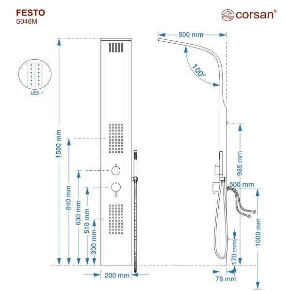 Panel prysznicowy Corsan FESTO Mieszacz Czarna stal Deszczownica LED