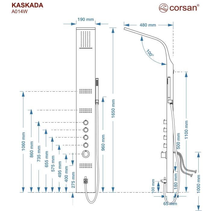 Panel prysznicowy Corsan KASKADA Termostat Srebrny Wylewka