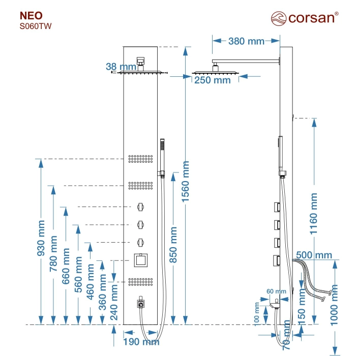 Panel prysznicowy Corsan NEO Termostat Czarna stal Wylewka