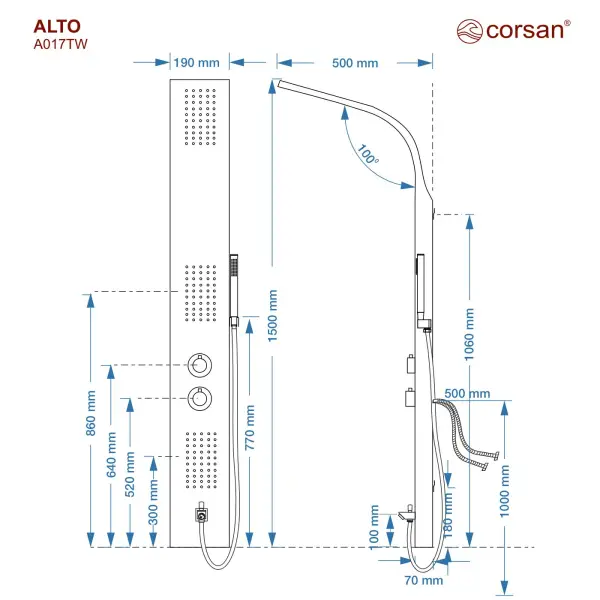 Panel prysznicowy Corsan ALTO Termostat Biały Wylewka