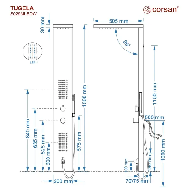 Panel prysznicowy Corsan TUGELA Mieszacz Czarna stal Deszczownica LED Wylewka