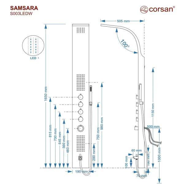 Panel prysznicowy Corsan SAMSARA Termostat Stal szczotkowana Wylewka Deszczownica LED