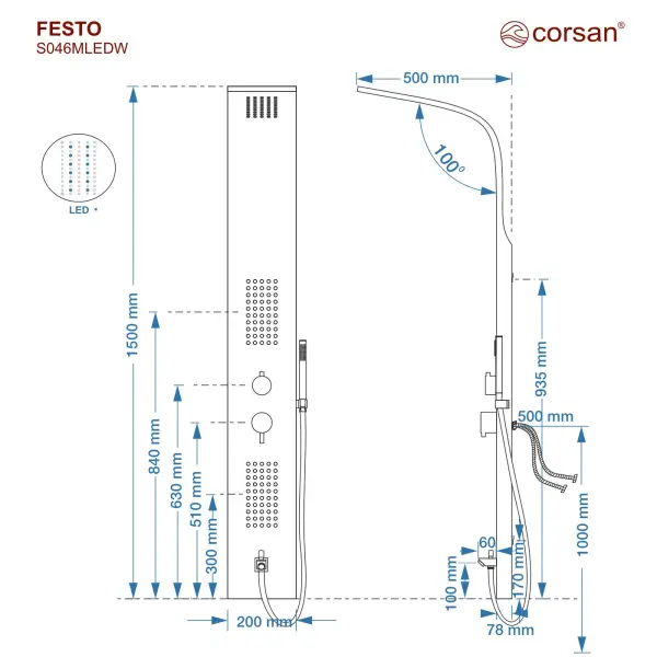 Panel prysznicowy Corsan FESTO Mieszacz Czarna stal Deszczownica LED Wylewka