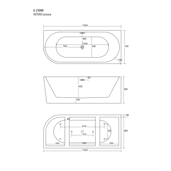 Wanna wolnostojąca narożna Corsan INTERO SLIM 150 x 75 Montaż prawostronny Korek klik-klak Chrom