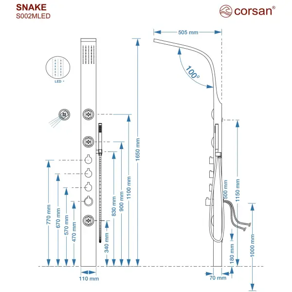 Panel prysznicowy Corsan SNAKE Mieszacz Stal Deszczownica LED