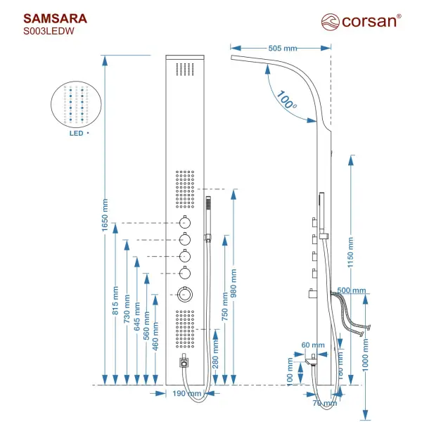 Panel prysznicowy Corsan SAMSARA Mieszacz Stal szczotkowana Wylewka Deszczownica LED