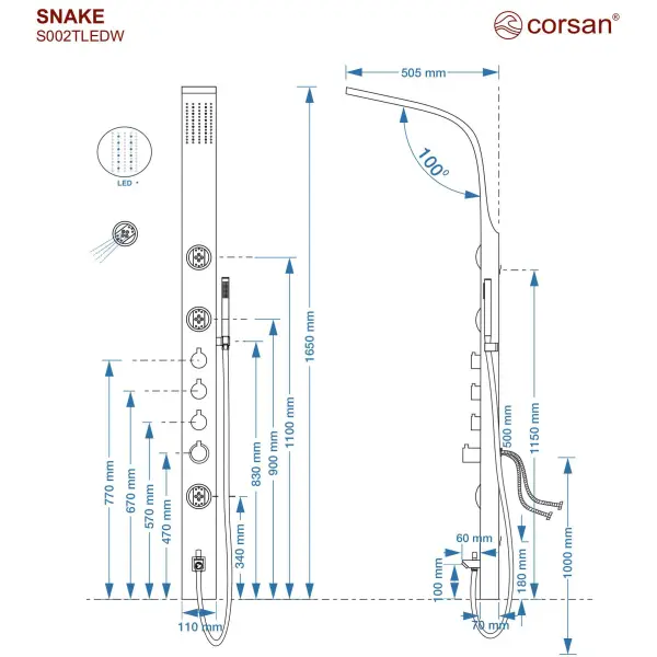 Panel prysznicowy Corsan SNAKE Termostat Czarna stal Deszczownica LED Wylewka