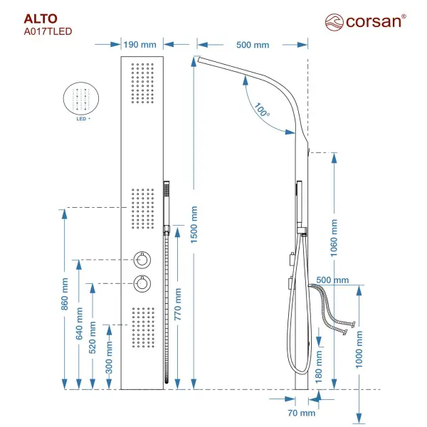 Panel prysznicowy Corsan ALTO Termostat Czarny Deszczownica LED