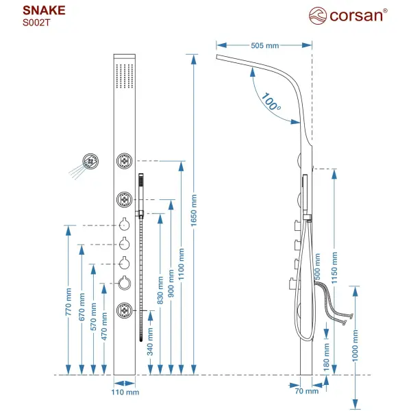 Panel prysznicowy Corsan SNAKE Termostat Stal GunMetal