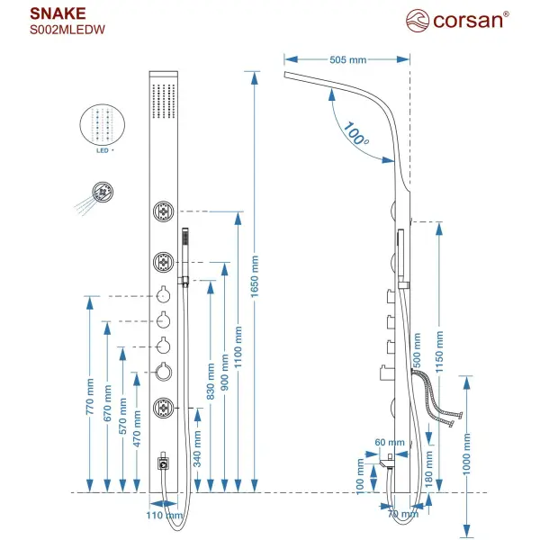 Panel prysznicowy Corsan Snake S002 Termostat Stal Deszczownica LED Wylewka