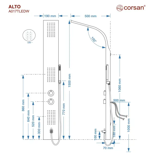 Panel prysznicowy Corsan ALTO Termostat Czarny Deszczownica LED Wylewka