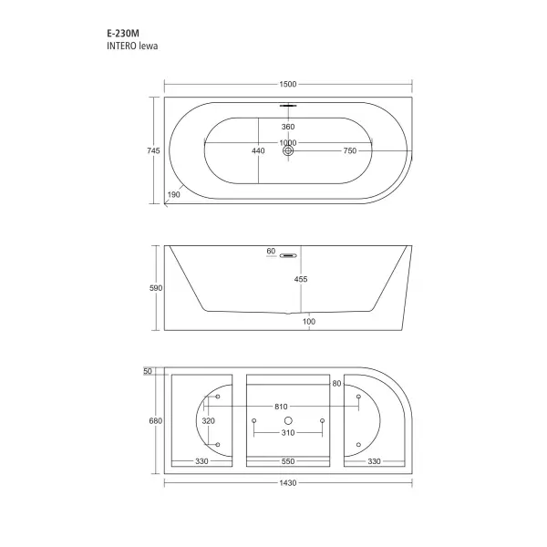 Wanna wolnostojąca narożna Corsan INTERO SLIM 150 x 75 Montaż lewostronny Korek klik-klak Chrom