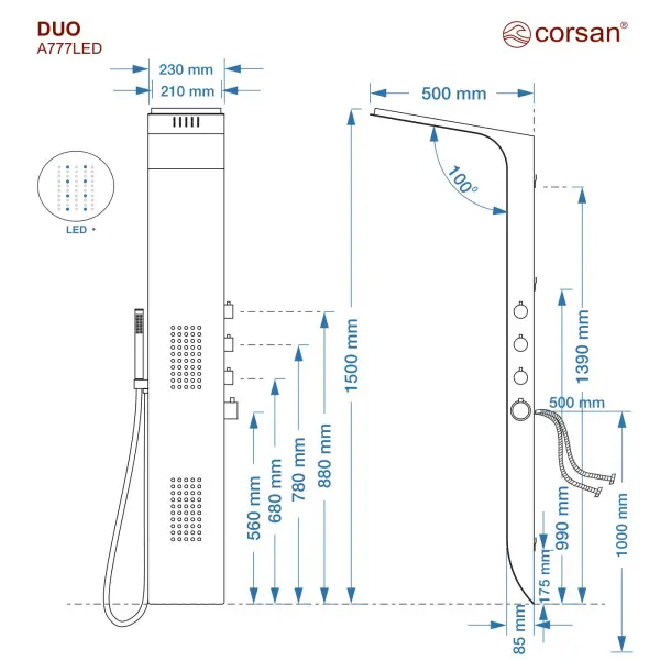 Panel prysznicowy Corsan DUO Mieszacz Czarny Deszczownica LED