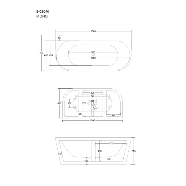 Wanna przyścienna wolnostojąca Corsan MONO 150 x 75 cm z szeroką krawędzią Korek Klik-Klak Czarny