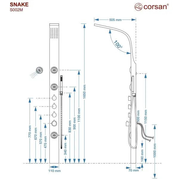 Panel prysznicowy Corsan SNAKE Mieszacz Stal GunMetal