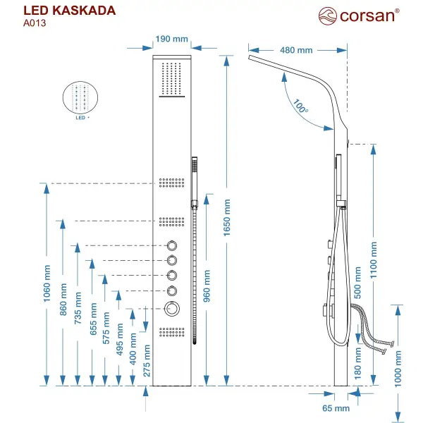 Panel prysznicowy Corsan LED KASKADA Termostat Biały Deszczownica LED Wylewka