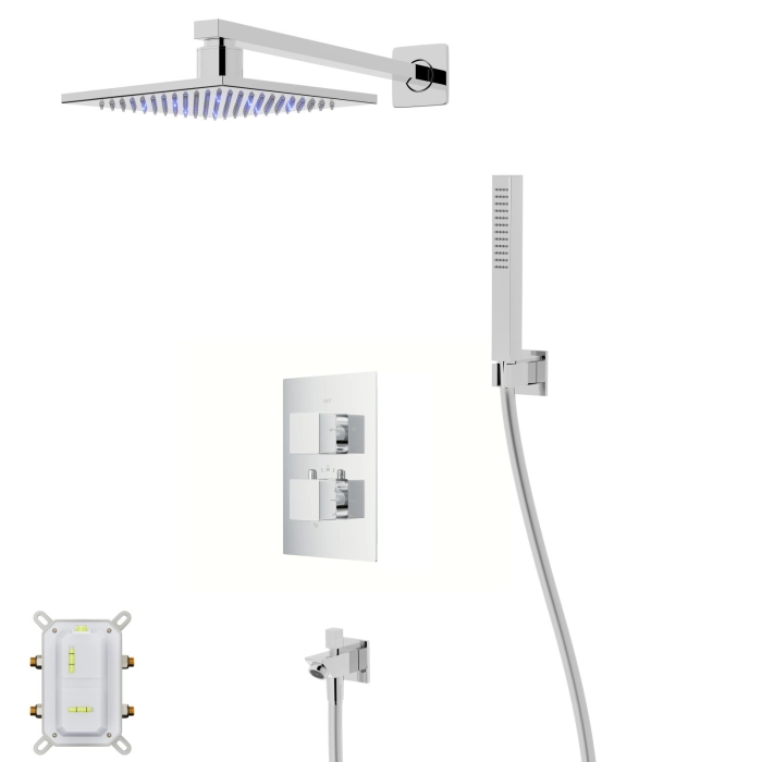 Zestaw prysznicowy Corsan Ango chrom z deszczownicą LED, baterią termostatyczną, słuchawką i wylewką