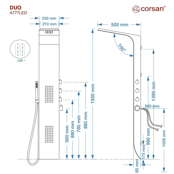 Panel prysznicowy Corsan DUO Termostat Biało-Czarny Deszczownica LED