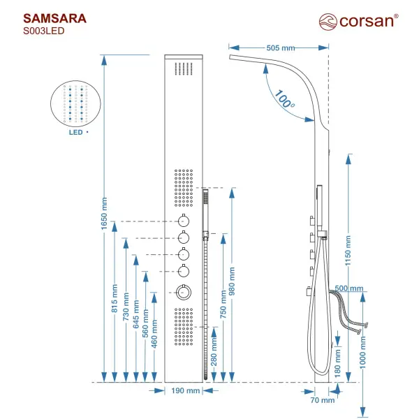 Panel prysznicowy Corsan SAMSARA Termostat Stal GunMetal Deszczownica LED