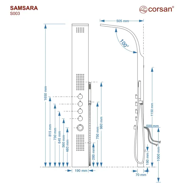 Panel prysznicowy Corsan SAMSARA Termostat Czarna stal