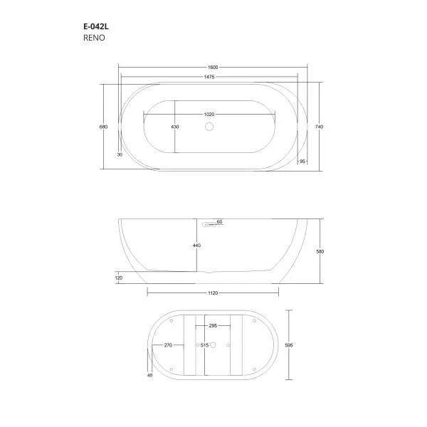 Wanna wolnostojąca Corsan RENO 160 x 74 cm z boczną półką Korek klik-klak Biały