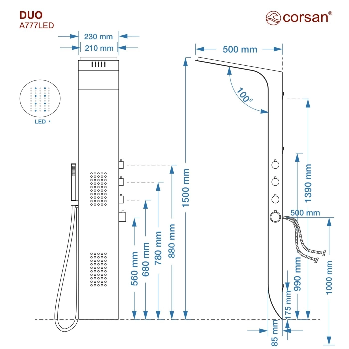 Panel prysznicowy Corsan DUO Termostat Czarny Deszczownica LED