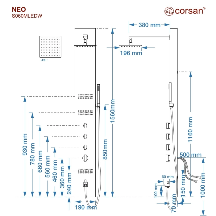 Panel prysznicowy Corsan NEO Mieszacz Stal Deszczownica LED Wylewka