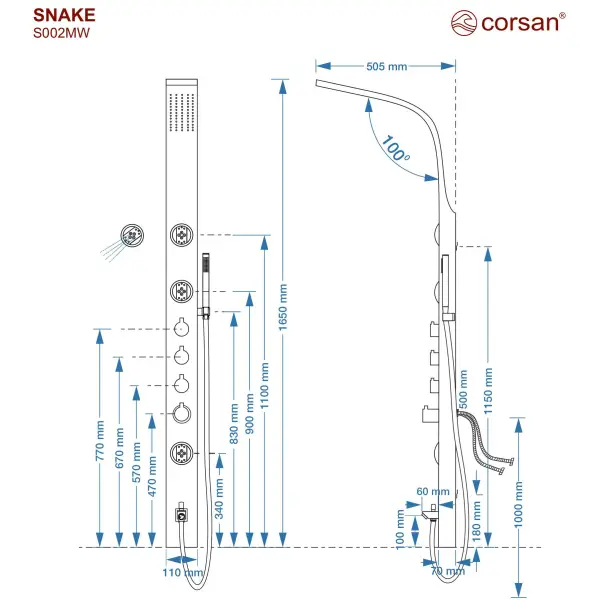 Panel prysznicowy Corsan SNAKE Mieszacz Stal GunMetal Wylewka