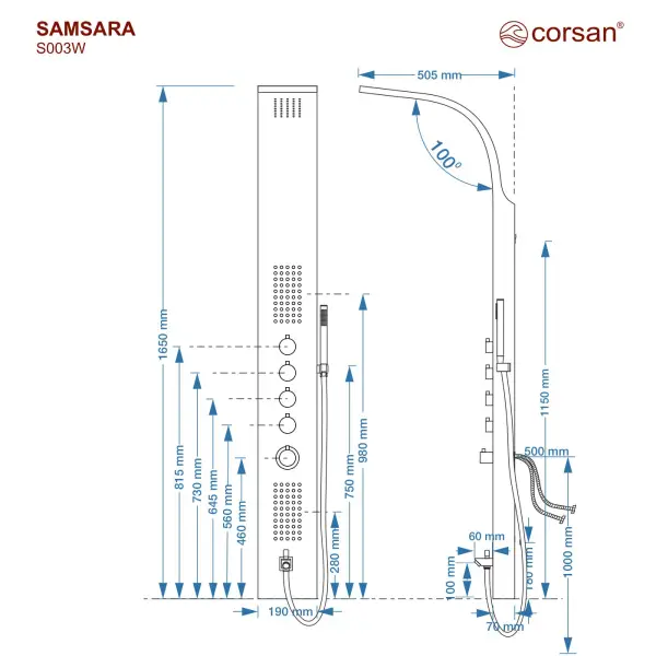 Panel prysznicowy Corsan SAMSARA Termostat Stal GunMetal Wylewka