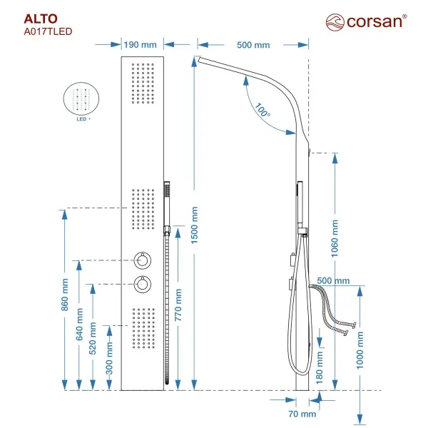 Panel prysznicowy Corsan ALTO Termostat Srebrny Deszczownica LED