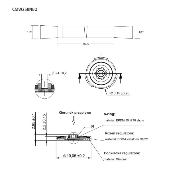 Wąż prysznicowy z PCV Corsan CMW250 silver z O-ringiem i regulatorem przepływu wody NEOPERL