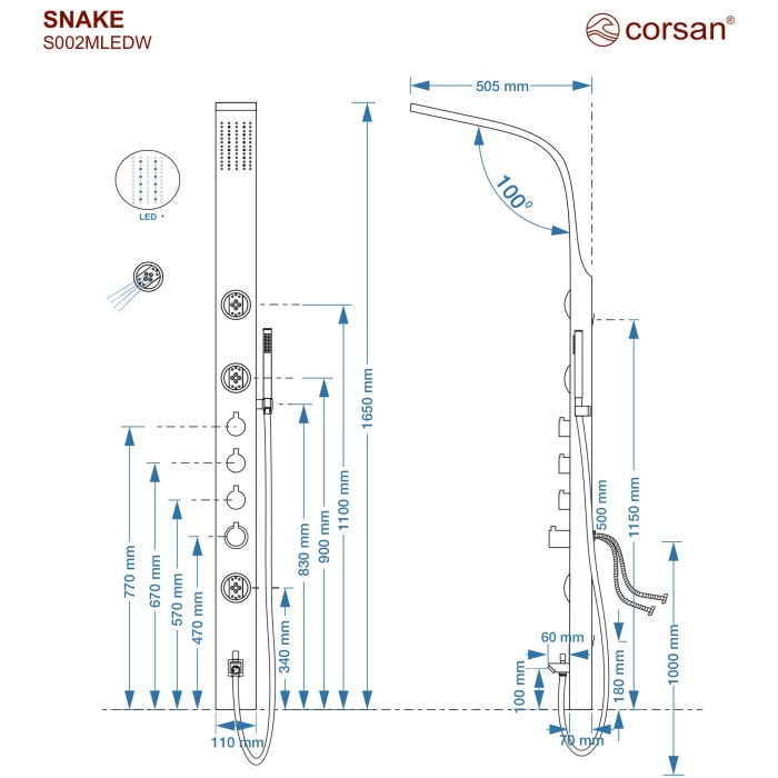 Panel prysznicowy Corsan SNAKE Mieszacz Stal GunMetal Deszczownica LED Wylewka