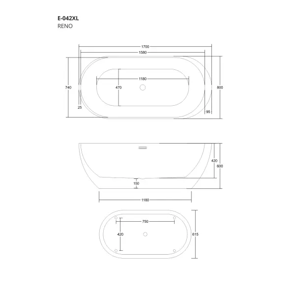 Wanna wolnostojąca Corsan RENO 170 x 80 cm z boczną półką Korek klik-klak Chrom