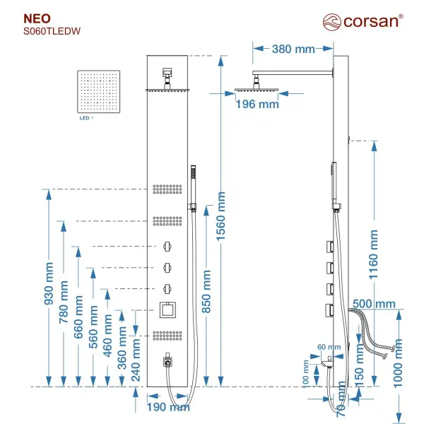 Panel prysznicowy Corsan NEO Termostat Czarna stal Deszczownica LED Wylewka