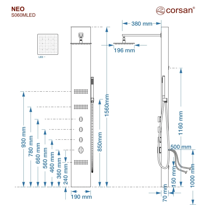 Panel prysznicowy Corsan NEO Mieszacz Stal Deszczownica LED