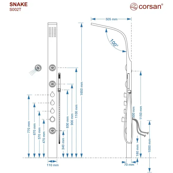 Panel prysznicowy Corsan SNAKE Termostat Stal