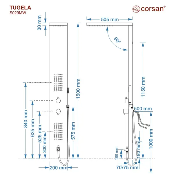 Panel prysznicowy Corsan TUGELA Mieszacz Czarna stal Wylewka