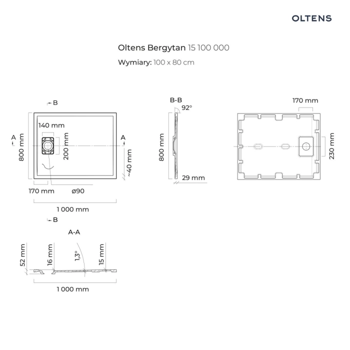 Oltens Bergytan brodzik prostokątny 100x90 cm RockSurface biały 15101000