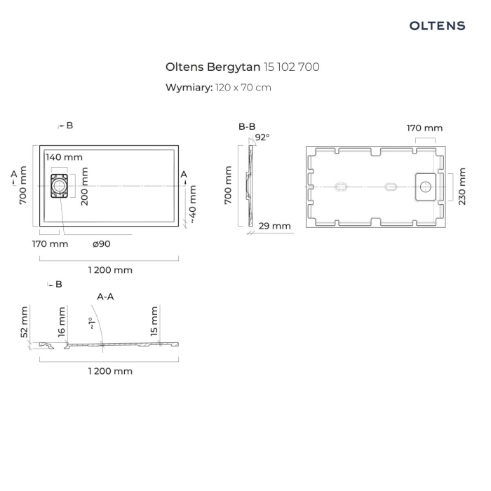 Oltens Bergytan brodzik prostokątny 120x80 cm RockSurface szary beton 15103700